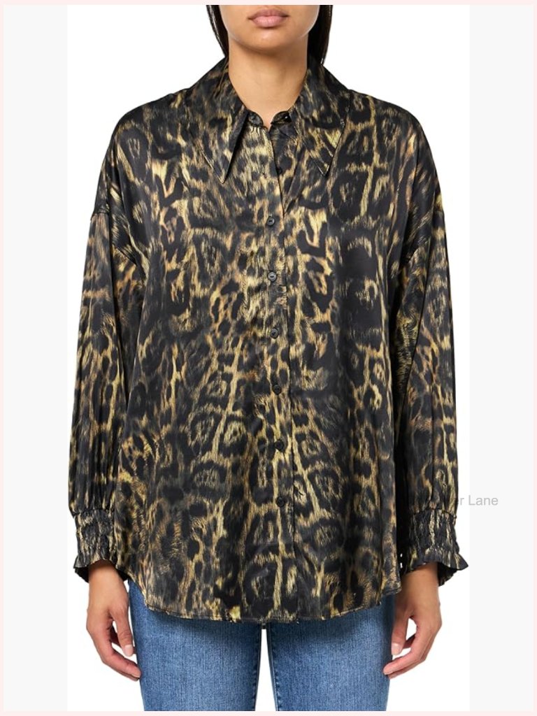 Relaxed Fit Button Down Animal Print Silk Top